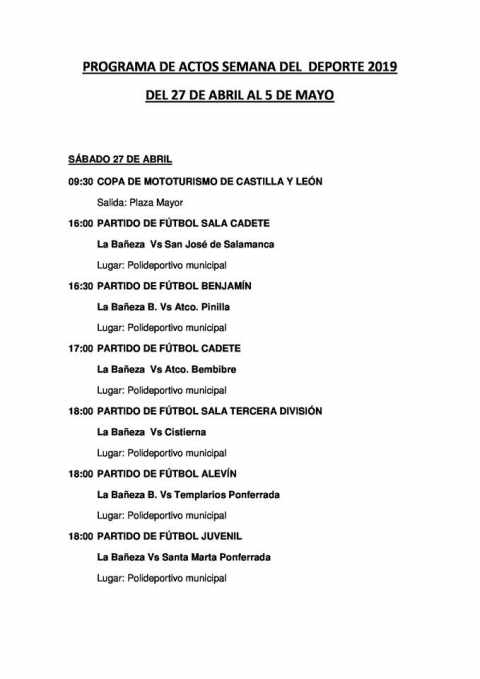 Programación Semana del Deporte La Bañeza 2019